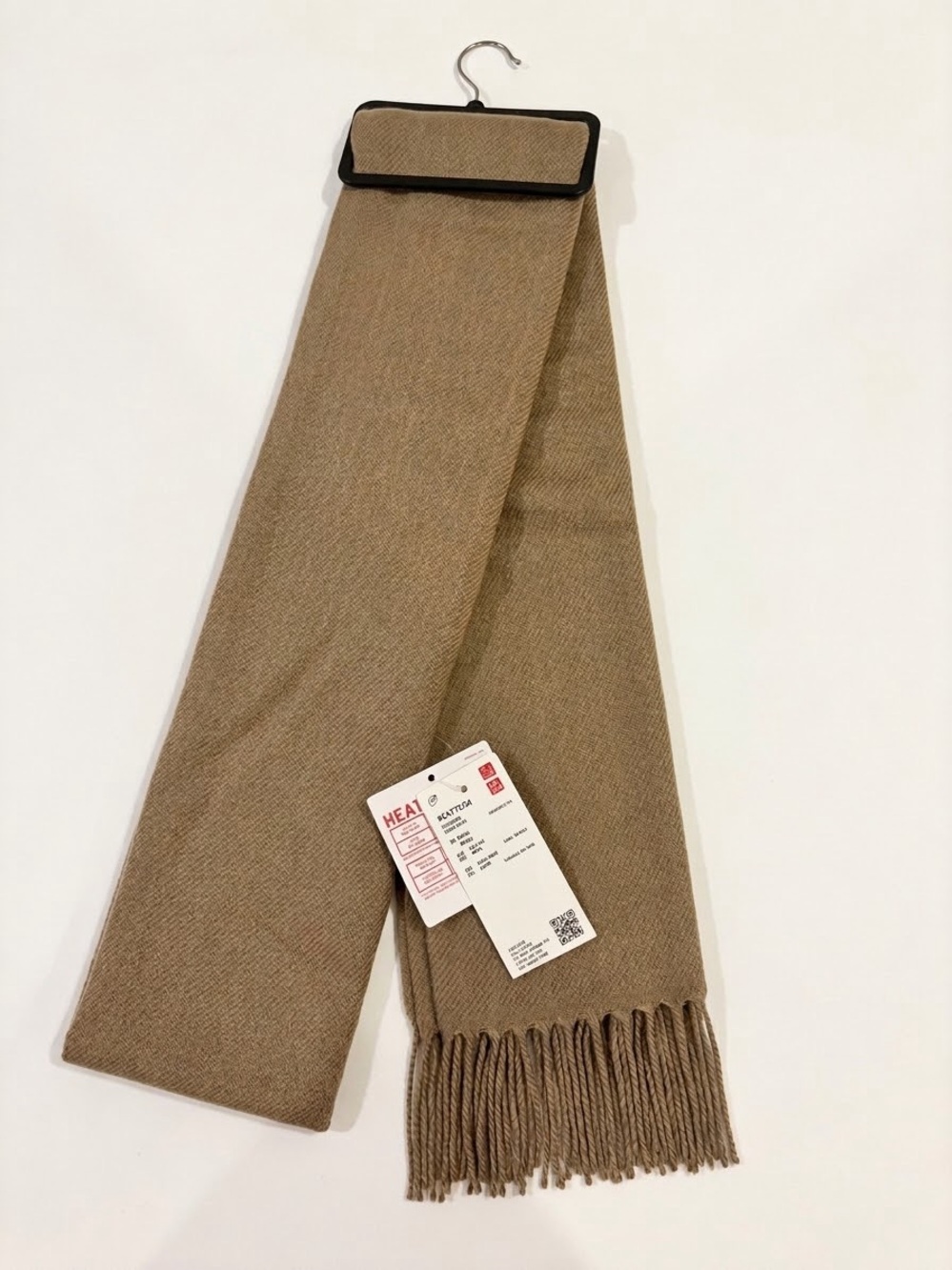 NWT Uniqlo HEATTECH Wool Blend Scarf Beige Fringe Neutral Winter OS